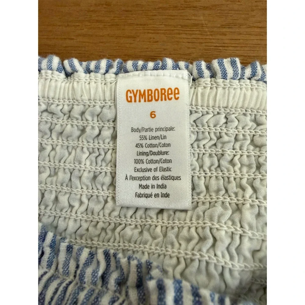 Gymboree Girls Blue White Striped Smocked Tiered Ruffle Linen Blend Dress Size 6